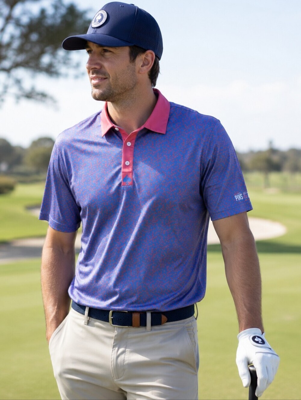 Pins & Aces Golf Co. Men's Performance Collar Polo Flamingo Print Pink Blue XL